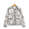 Women's white quilted jacket with blue floral paisley pattern and button closure - S / Cream Paisley