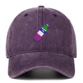 Vintage purple washed denim baseball cap with colorful bottle embroidery on white background - Purple