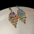 Macro shot of vintage gold leaf earrings with colorful rhinestones on ceramic tray - 67# Silver Earring Post-Gold-Multicolor
