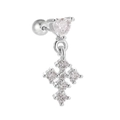 Detail shot of silver cartilage stud with heart zircon and cross pendant screw back - EGD0848 Silver Tone - Heart Cross