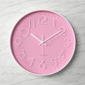 Pink minimalist round wall clock with 3D white numerals and silent quartz movement - White Frame Pink Dial White Numbers