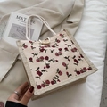 Borsa tote in lino beige con stampa floreale di rose rosse e manici in corda di cotone - Rosa Rosso
