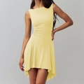 Detail of light yellow sleeveless dress featuring asymmetric cut and soft draped hemline - S / Yellow