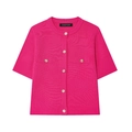 Detail of hot pink short sleeve knit cardigan with decorative gold buttons and pockets - Rose Red