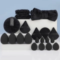 All-black 20-piece makeup set with sponges, puffs, wristbands, and bow headband - Black