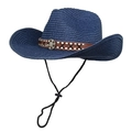 Navy blue western straw cowboy hat with leather band and vintage metal emblem decoration - M (56-58cm) / Navy Blue