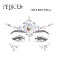 Close-up of iridescent face and body jewel set with teardrop gems and white pearls - Rainbow Rhinestone Pearl (DA-25-1)