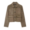Veste courte en simili daim vert olive avec col rond et grandes poches à rabat - XS / Brun Foncé
