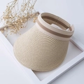 Cappello di paglia estivo beige da donna con nastro a righe marroni per protezione solare - Stile di base / Beige