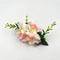 Pink and white bohemian floral hair comb with silk flowers and green leaves for brides - FS36-1 Light Pink