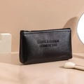 Sleek black PU leather travel cosmetic bag with zipper and stylish printed letters - Black-Small