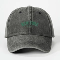 Detail view of New York USA embroidery on dark grey washed denim baseball cap - Adjustable / Black