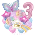 Detailed view of number 3 butterfly and star balloon set for kids birthday party decor - Number 3 Set