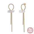 Elegant gold 925 silver tassel earrings with freshwater pearls and sparkling zircons - 7*20mm Pearl (6.3g)