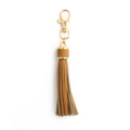Brown faux leather tassel keychain with gold-plated metal clasp on white background - With Lobster Clasp / Brown