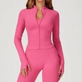 Slim fit hot pink yoga set featuring ribbed long sleeve zip jacket with thumbholes - S / Tops / Rose Red
