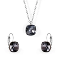 Silver steel jewelry set featuring square dark grey crystal necklace and earrings - Steel-Mineral Black Crystal