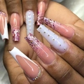 Unghie finte quadrate extra lunghe con punte bianche French, glitter rosa e strass - JP3083 (Con Kit di Strumenti)