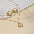 Exquisite gold shell pendant necklace and matching stud earrings set with leaf texture - Round Shell Style (E5777-15)