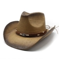 Vintage gradiënt bruine strooien cowboyhoed met etnisch metalen oog-accessoire - M(56-58cm) / Khaki