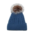 Detailed view of blue cable knit beanie featuring a thick fold-over cuff and fluffy faux fur pom - M (56-58cm) / Blue