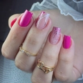Hot pink and glitter gradient long square press-on nails with white linear design - Rose Pink Gradient Glitter Line Style (JP2710)