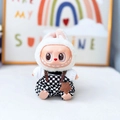 Labubu doll in white rabbit hood and black and white checkered overalls with brown star - Crown Belt Overalls Set Black And White / First And Second Generation Keychains Are Compatible With La Cloth Dolls. Dolls Not Included.
