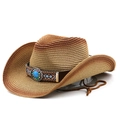 Chapeau de cowboy en paille bohème avec bande turquoise et mentonnière réglable - M(56-58cm) / Rouge Rouille Kaki (JX98387)