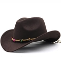 Dark brown wool felt western cowboy hat featuring colorful beaded braided band decoration - M (56-58cm) Adjustable / Coffee