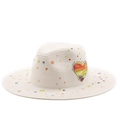 Detail of hand-painted rainbow hearts and colorful splatter on a cream woven straw hat - Beige Rainbow Heart Graffiti Style(6)