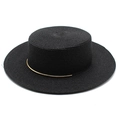 Classic black flat top boater straw hat with gold metal trim for beach sun protection - M (56-58cm) / Black