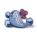 Cute blue whale enamel brooch with white waves and pink love heart logo detail - Love Whale