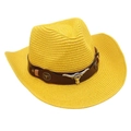 Close-up of yellow western straw cowboy hat with longhorn bull head metal accessory - One Size / Yellow