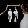 Ethnic silver-style dangling earrings with floral patterns and leaf tassel details - Silver Floral Pattern Multi-Layer Tubular Tassel Style (E2607)