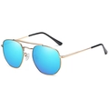 Polygon gold metal sunglasses with blue mirrored lenses and double bridge design - Gold Frame Blue Mirrored Lens