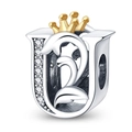 Silver letter U charm bead with a golden crown and sparkling clear gemstones - Letter U