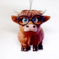 Cartoon highland cow acrylic keychain with black glasses and silver bead chain - Brown Highland Cow with Glasses