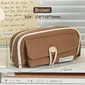 Large capacity coffee brown canvas pencil case with multi-layer zipper and front pocket - Coffee