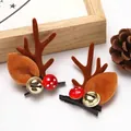 Festive Christmas reindeer antler hair clips with gold bell and red mushroom decoration - Style with Bells / One Pair / Brown