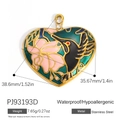 18K gold plated stainless steel heart pendant with hummingbird and floral enamel details - Green Hummingbird Heart Pendant PJ93193D