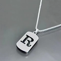 Detail of silver rectangle military tag necklace with cutout letter R on box chain - Letter R
