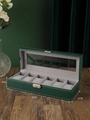Deep green leather watch box with 6 slots, clear window, and dimensions 30x11x8cm - 6-Slot Green Watch Box with Lock