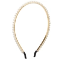Elegant gold thin headband featuring row of white faux pearls for women hair styling - 652401 Single Row Equidistant Pearl