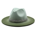 Detail of two-tone gradient wool fedora hat with a shimmering rhinestone crystal band - Mint Green + Army Green