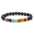 Detailed close-up of 8mm natural lava stone beads and colorful chakra gemstone beads - Gold Thread Pattern Bracelet