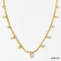 Golden snake chain necklace featuring alternating marquis and round crystal charms - Gold White Zirconia Snake Bone Chain Necklace (KDD174)