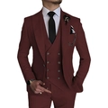 Burgundy slim fit three-piece suit for men with blazer double-breasted vest and trousers - Burgundy