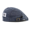 Washed denim newsboy cap in grey-blue with vintage Brooklyn patch and metal buckle - Adjustable / Navy Blue