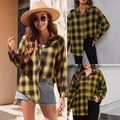 Classic yellow and black plaid long sleeve button-down casual shirt for women - S / Yellow