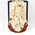 Silky satin square scarf in beige featuring classic rope print and red-green stripes - Striped Tassel Beige (SD90-07-1)